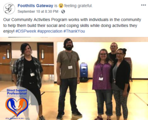 5 people pictured. Post says: Our Community Activities Program works with individuals in the community to help them build their social and coping skills while doing activities they enjoy!