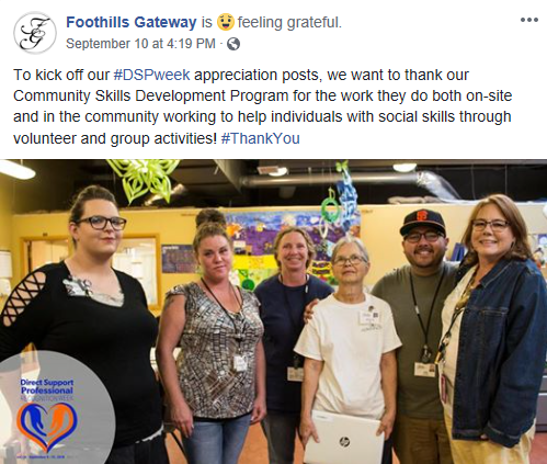 6 people pictured. Post says: To kick off our #DSPweek appreciation posts, we want to thank our Community Skills Development Program for the work they do both on-site and in the community working to help individuals with social skills through volunteer and group activities!