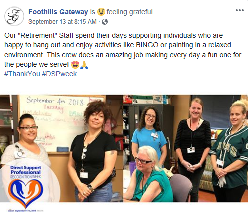5 people pictured. Post says: Our "Retirement" Staff spend their days supporting individuals who are happy to hang out and enjoy activities like BINGO or painting in a relaxed environment. This crew does an amazing job making every day a fun one for the people we serve!