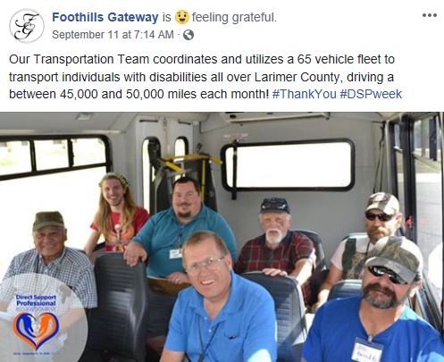 7 people pictured. Post says: Our Transportation Team coordinates and utilizes a 65 vehicle fleet to transport individuals with disabilities all over Larimer County, driving a between 45,000 and 50,000 miles each month!