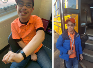 two photos of Devin wearing his new Fitbit and getting on the school bus