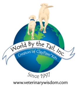 world graphic with two dogs walking away on top; banner across reads "World by the Tail, Inc."