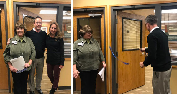 Two photos of the Nichols Conference Room dedication; one with three people posing together, one of Steve Nichols cutting the ribbon.