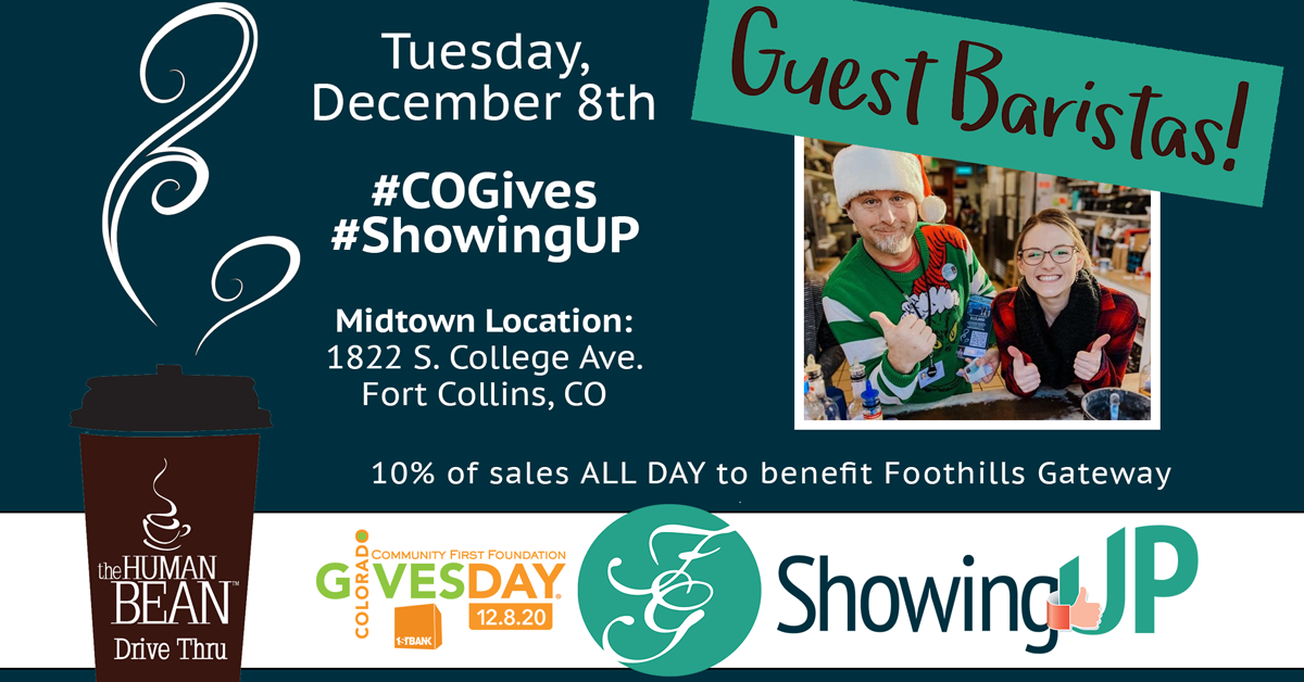 Guest Barista event image: taking place Tuesday, December 8 at the Midtown Human Bean coffee shop (1822 South College Avenue, Fort Collins, Colorado) 10 percent of sales ALL DAY will benefit Foothills Gateway