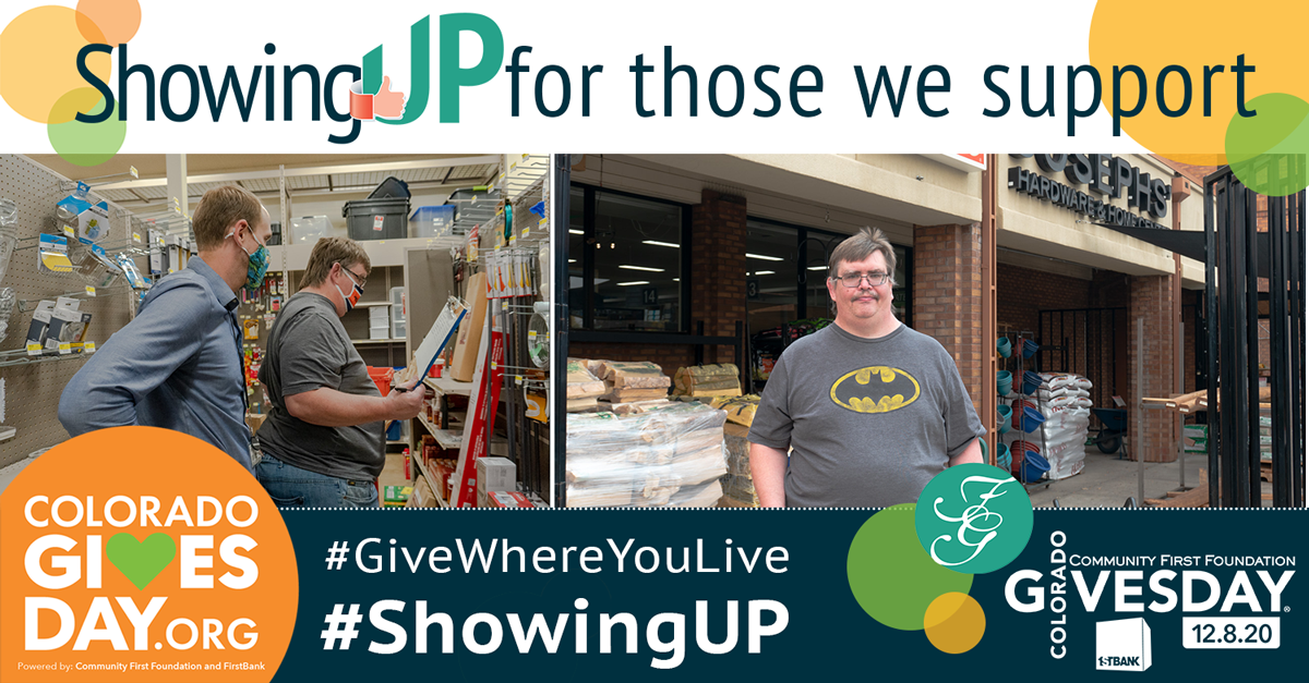 Graphic, title: Showing Up for Those We Support; two photos one of two men working together in hardware store, the second with one man standing and smiling in front of Joseph's Hardware.