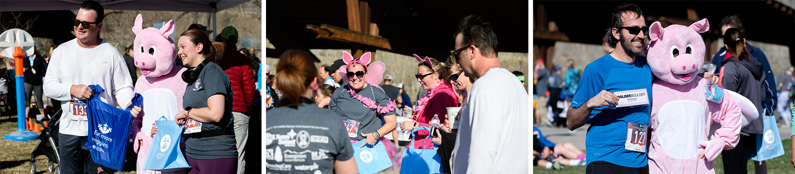 three photos from flying pig 5k 2019. Two are with the flying pig mascot, and the middle image shows runners dressed up with pig ears, wings and pink tutus. 