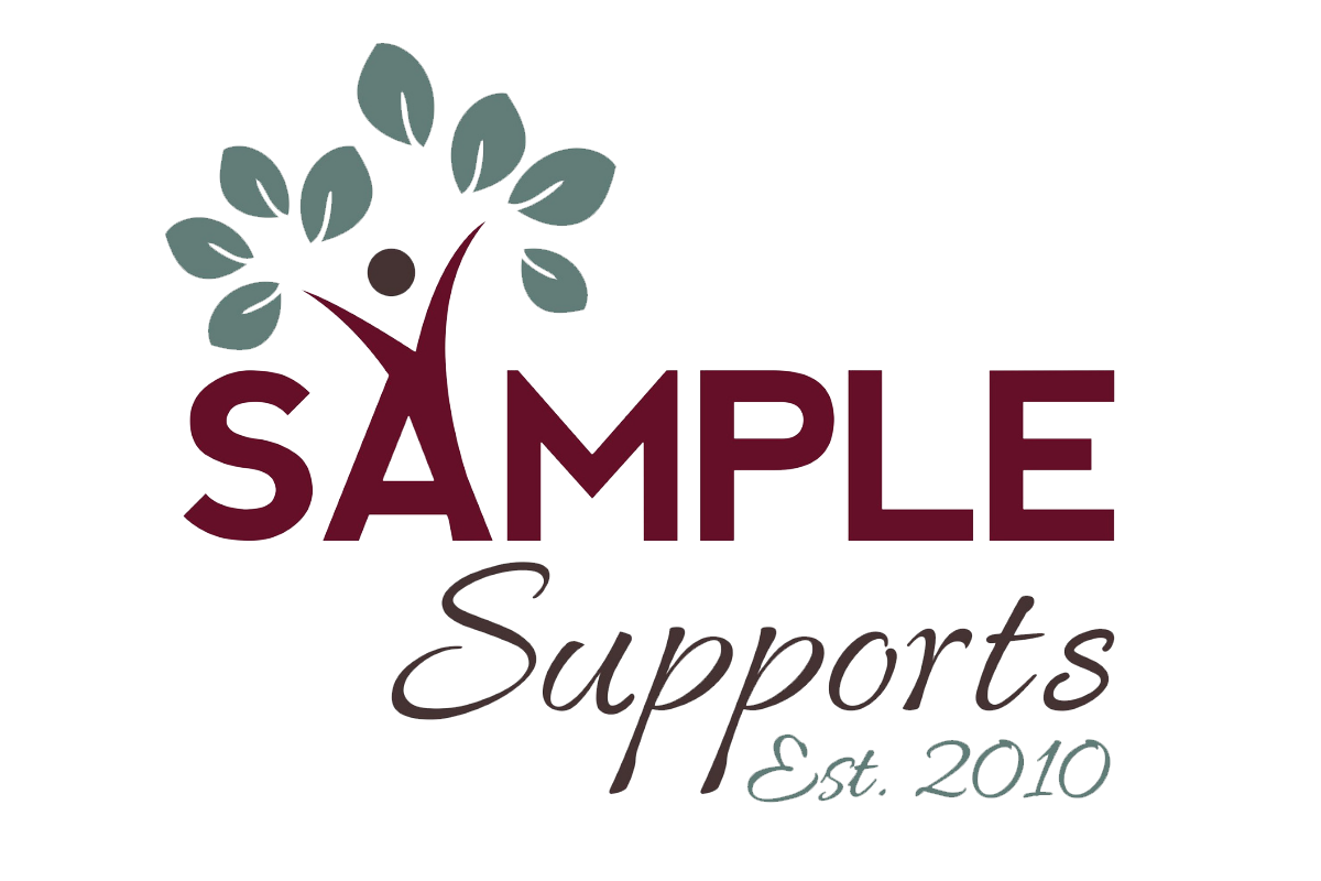Logo for "Sample Supports" featuring a stylized tree with a person as the trunk, the word "SAMPLE" in bold, and "Supports Est. 2010" in script below.