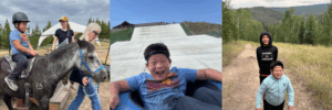 A collage of three outdoor activities: a child rides a black horse with an adult guiding; a boy smiles in a blue inner tube on a dry hill slide; two boys smile on a hiking trail with forested hills in the background.