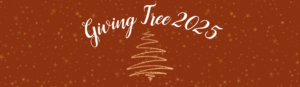 Red background with gold stars, white script text reading “Giving Tree 2025,” and a gold, spiral line forming the shape of the Giving Tree beneath the text.