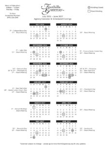 A black and white agency calendar for Foothills Gateway, showing board meetings and holidays from July 2026 to June 2027, with month grids and holidays marked, plus contact info and hours at the top left.