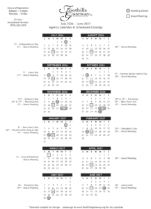 A calendar for Foothills Gateway, Inc. from July 2026 to June 2027, showing board meetings and building closings, with holidays like New Year’s, Thanksgiving, and Juneteenth marked. Contact and hours listed at the top.