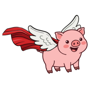 A cartoon pig with white wings and a flowing red cape smiles happily, appearing to fly against a plain background.