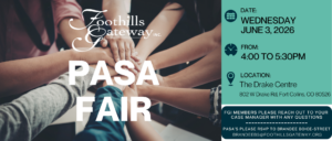 A group of diverse hands join together in the center. Text promotes the Foothills Gateway PASA Fair on June 3, 2026, from 4:00-5:30 PM at The Drake Centre, Fort Collins, CO, with RSVP and contact details shown.