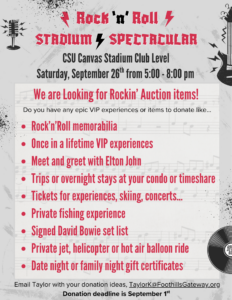 Flyer for "Rock 'n' Roll Stadium Spectacular" Fundraiser on Sept 26, 5–8 pm at CSU Canvas Stadium. Seeking auction items like VIP experiences, Elton John meet, fishing, signed David Bowie set list, travel, and more.